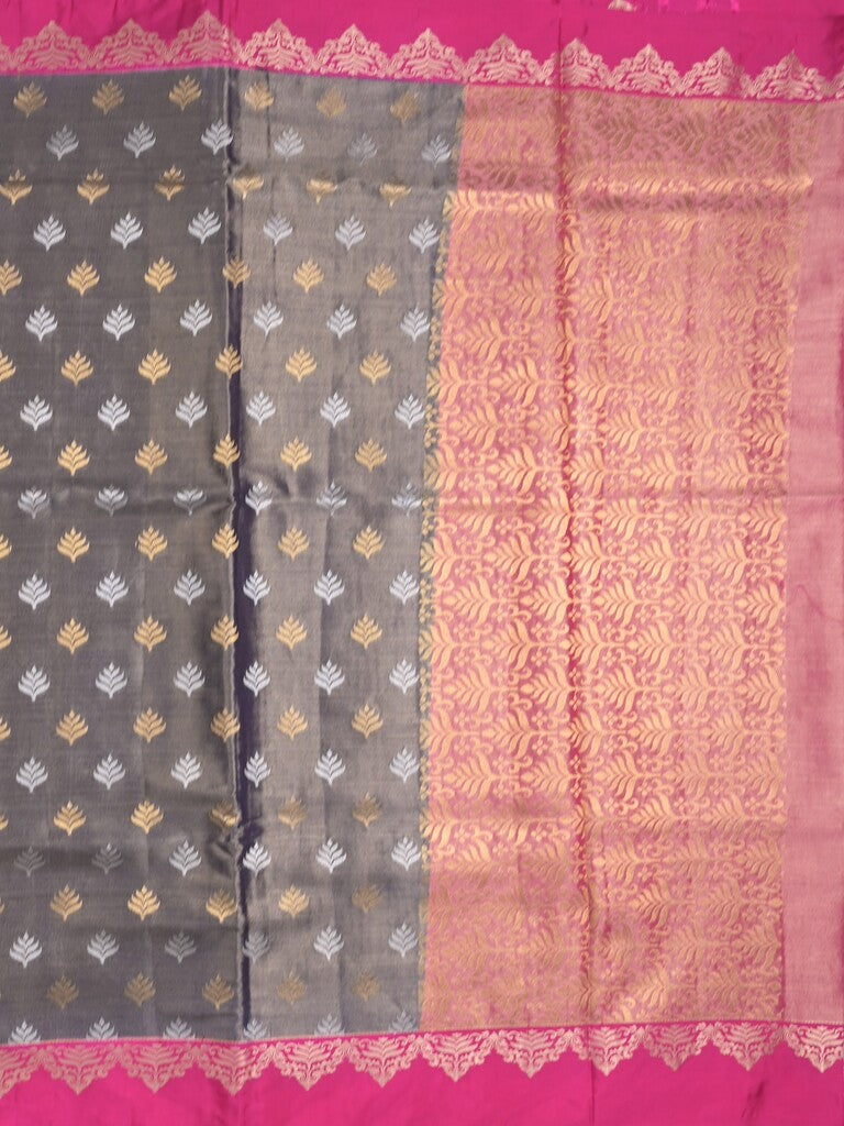 Dupion tissue fancy saree grey color allover zari motifs & zari border with rich pallu and attached blouse