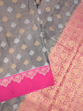Dupion tissue fancy saree grey color allover zari motifs & zari border with rich pallu and attached blouse