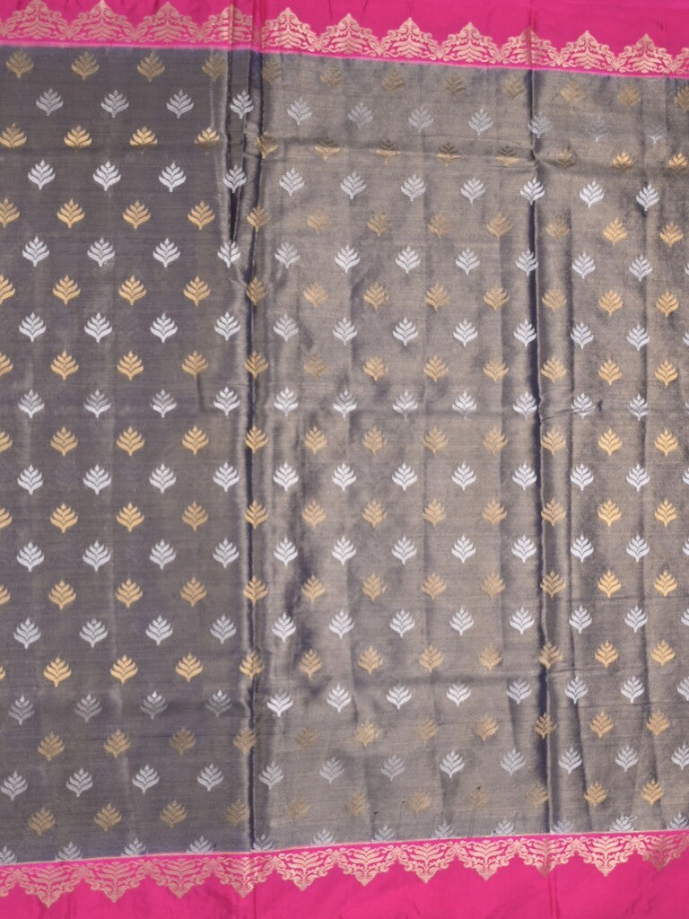 Dupion tissue fancy saree grey color allover zari motifs & zari border with rich pallu and attached blouse
