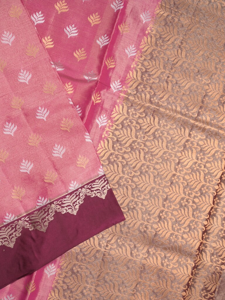 Dupion tissue fancy saree rose pink color allover zari motifs & zari border with rich pallu and attached blouse