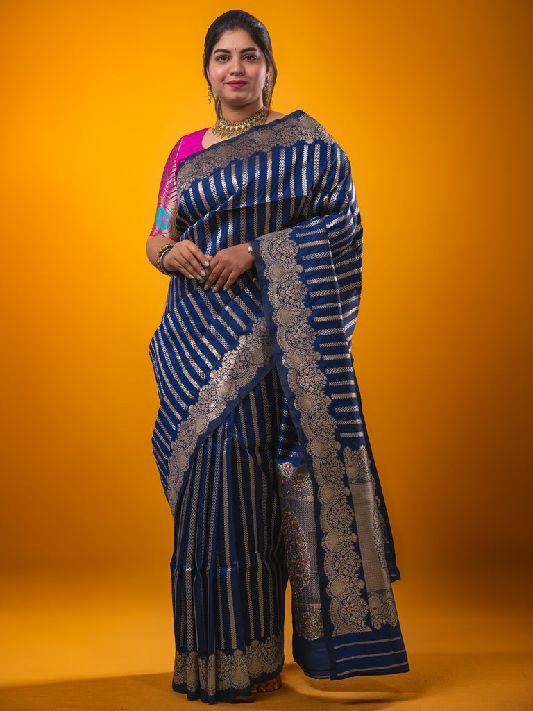 Banaras fancy saree navy blue color allover zari weaves & zari border with rich pallu and plain blouse