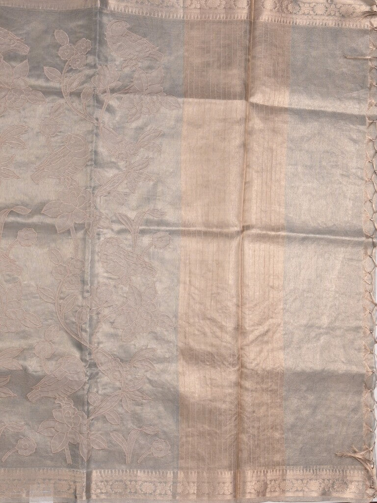 Kota tissue fancy sraee grey color allover embroidery & zari border with short pallu and attached self blouse