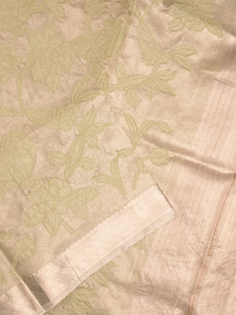 Kota tissue fancy sraee cream color allover embroidery & zari border with short pallu and attached self blouse