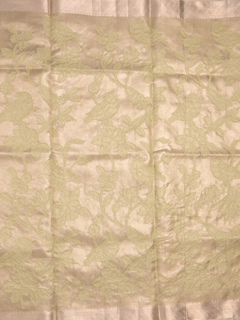 Kota tissue fancy sraee cream color allover embroidery & zari border with short pallu and attached self blouse