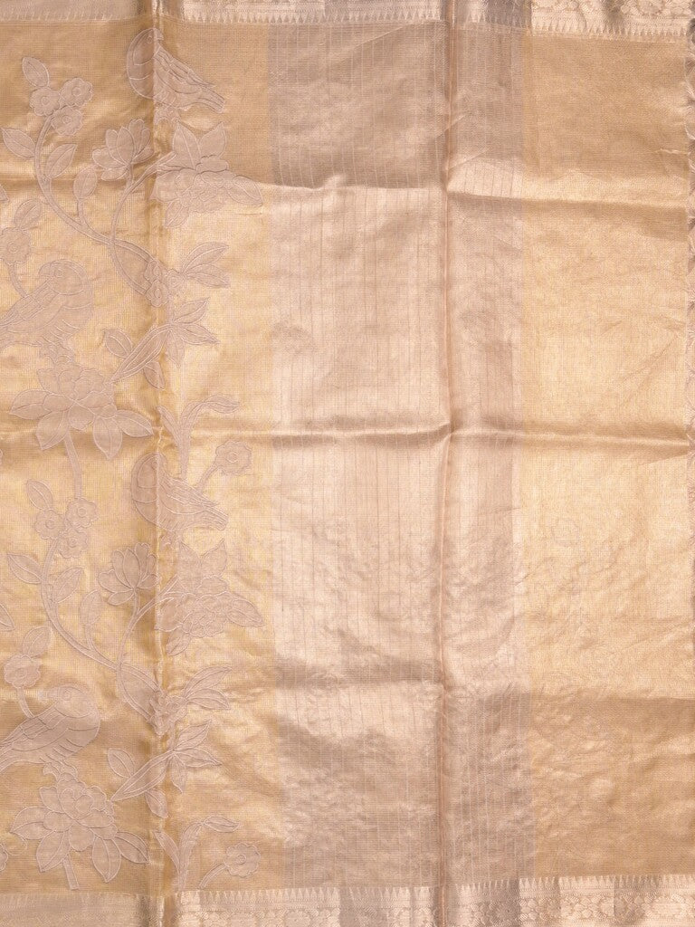 Kota tissue fancy sraee beige color allover embroidery & zari border with short pallu and attached self blouse