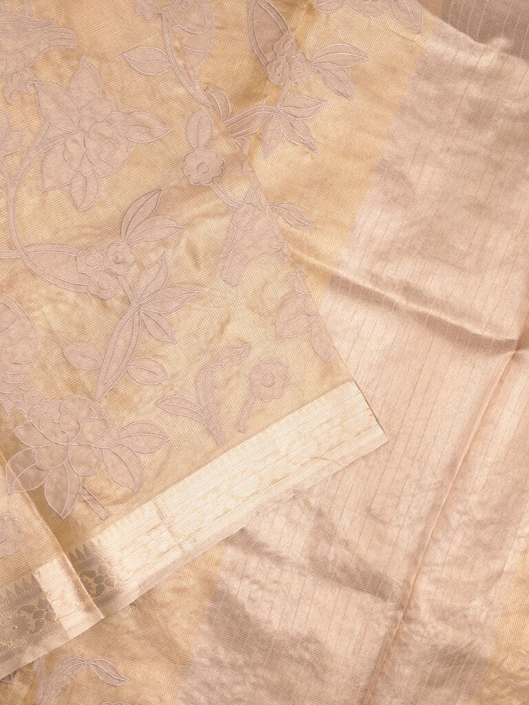 Kota tissue fancy sraee beige color allover embroidery & zari border with short pallu and attached self blouse