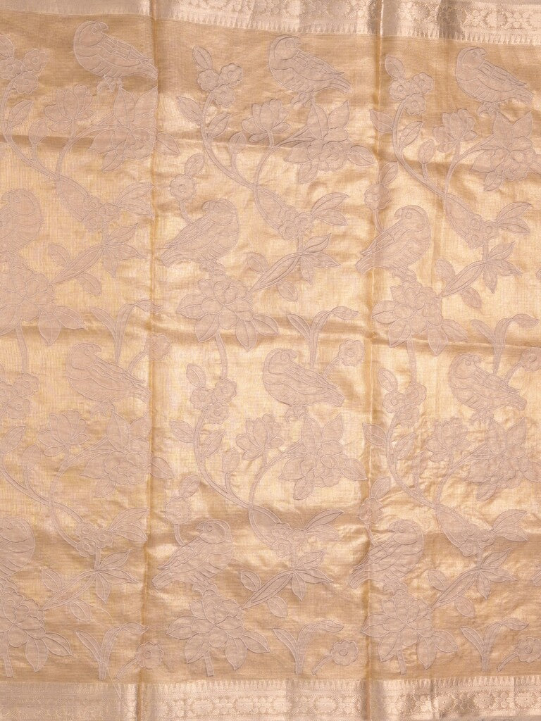 Kota tissue fancy sraee beige color allover embroidery & zari border with short pallu and attached self blouse