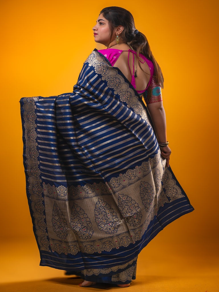 Banaras fancy saree navy blue color allover zari weaves & zari border with rich pallu and plain blouse