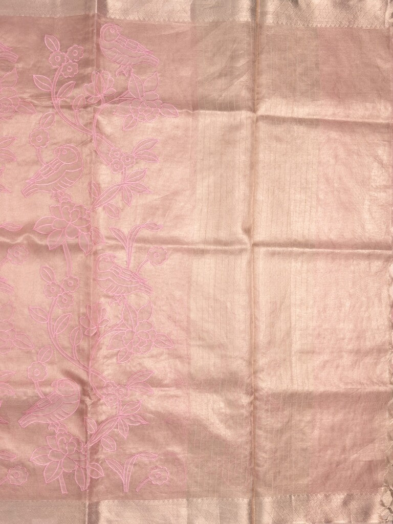 Kota tissue fancy sraee baby pink color allover embroidery & zari border with short pallu and attached self blouse