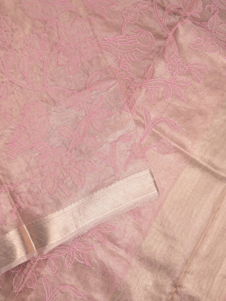 Kota tissue fancy sraee baby pink color allover embroidery & zari border with short pallu and attached self blouse