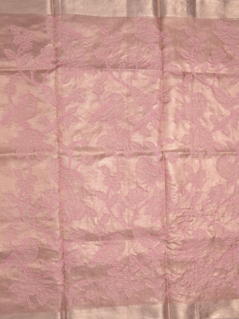 Kota tissue fancy sraee baby pink color allover embroidery & zari border with short pallu and attached self blouse