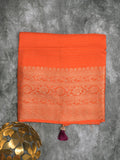 Dola silk fancy saree orange color allover stripes & zari border with short pallu and attached contrast blouse