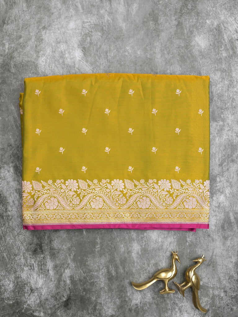 Satin silk fancy saree yellowish green color allover motifs & zari border with rich pallu and attached blouse