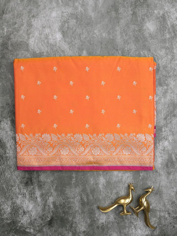 Satin silk fancy saree orange color allover motifs & zari border with rich pallu and attached blouse