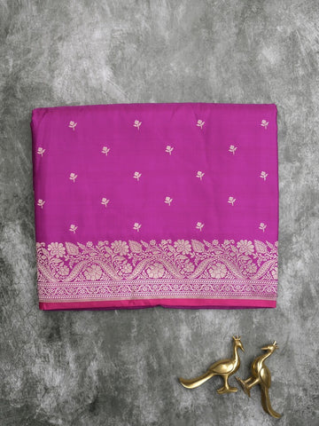 Satin silk fancy saree violet color allover motifs & zari border with rich pallu and attached blouse