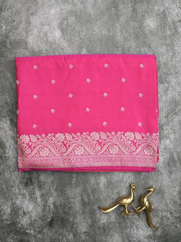 Satin silk fancy saree pink color allover motifs & zari border with rich pallu and attached blouse