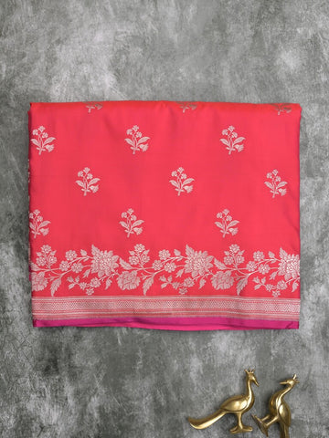 Satin silk fancy saree pink color allover motifs & zari border with rich pallu and attached blouse