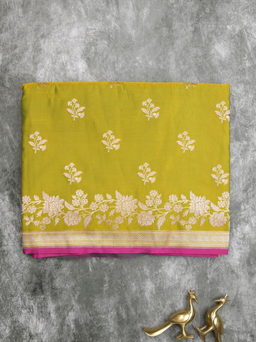 Satin silk fancy saree olive green color allover motifs & zari border with rich pallu and attached blouse