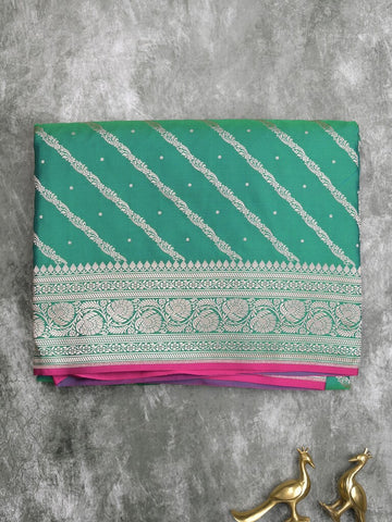 Satin silk fancy saree lux green color allover stripes & zari border with rich pallu and attached blouse