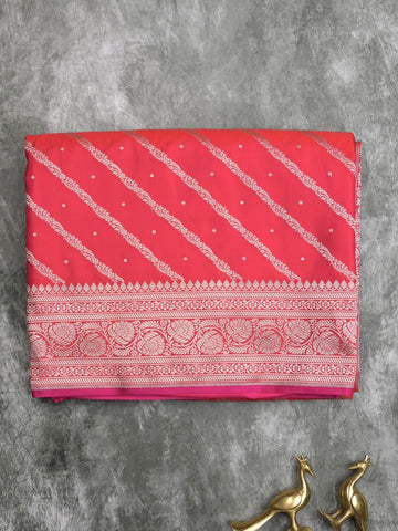 Satin silk fancy saree pink color allover stripes & zari border with rich pallu and attached blouse