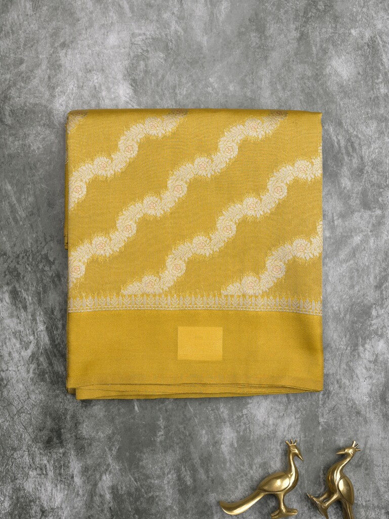Organza tissue fancy saree golden yellow color allover stripes & small kaddi border with short pallu and attached blouse