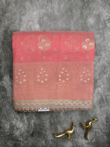 Chanderi kora fancy saree light pink color allover zari motifs & zari embroidery border with zari pallu and plain blouse