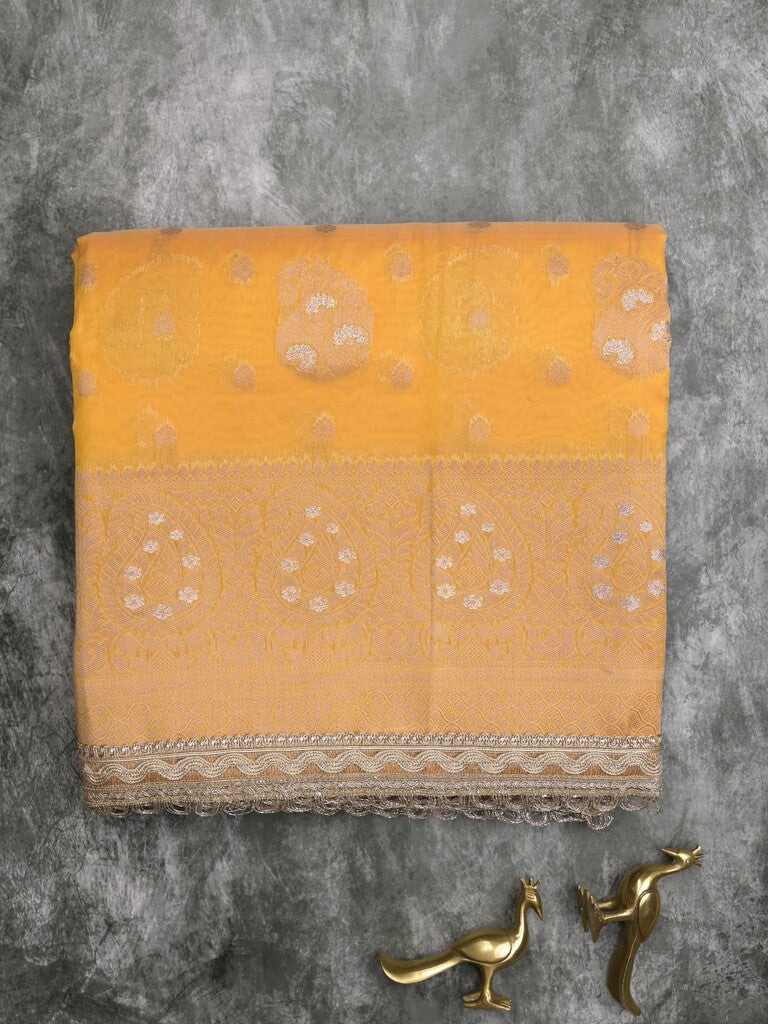 Chanderi kora fancy saree golden yellow color allover zari motifs & zari embroidery border with zari pallu and plain blouse