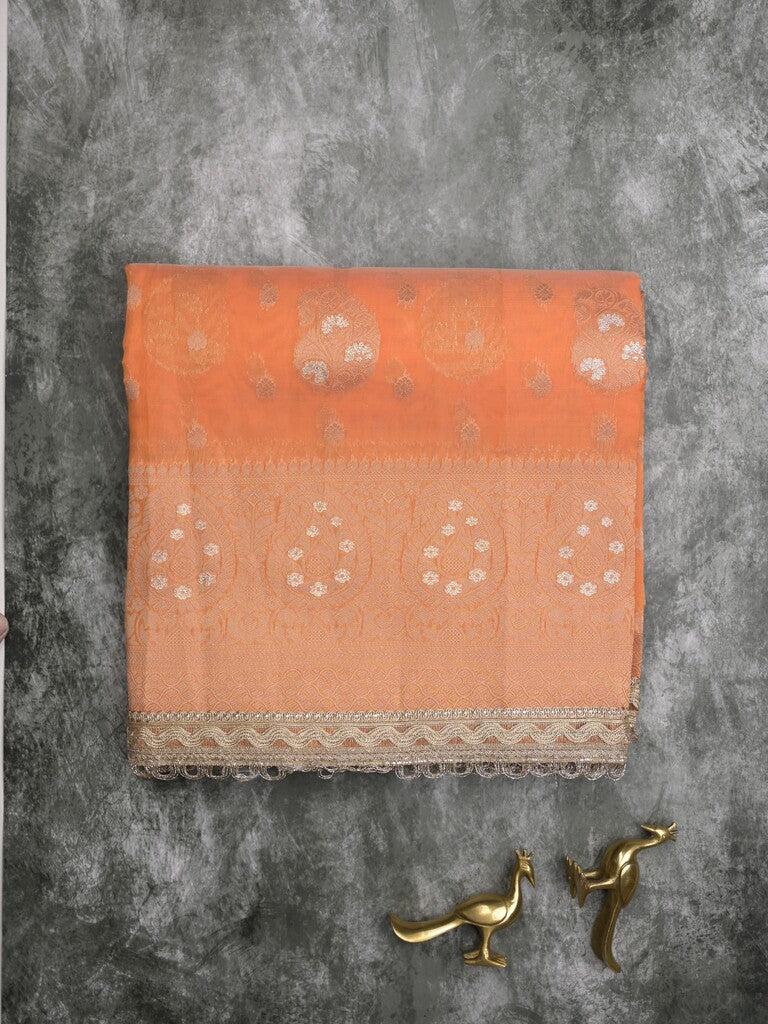 Chanderi kora fancy saree light orange color allover zari motifs & zari embroidery border with zari pallu and plain blouse
