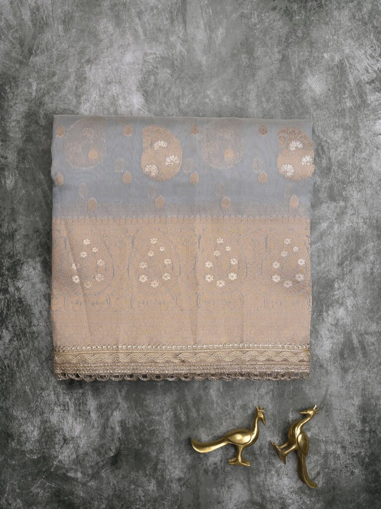 Chanderi kora fancy saree bluish grey color allover zari motifs & zari embroidery border with zari pallu and plain blouse