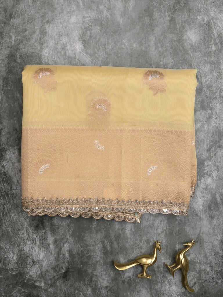 Chanderi kora fancy saree pastel yellow color allover zari motifs & zari embroidery border with zari pallu and plain blouse