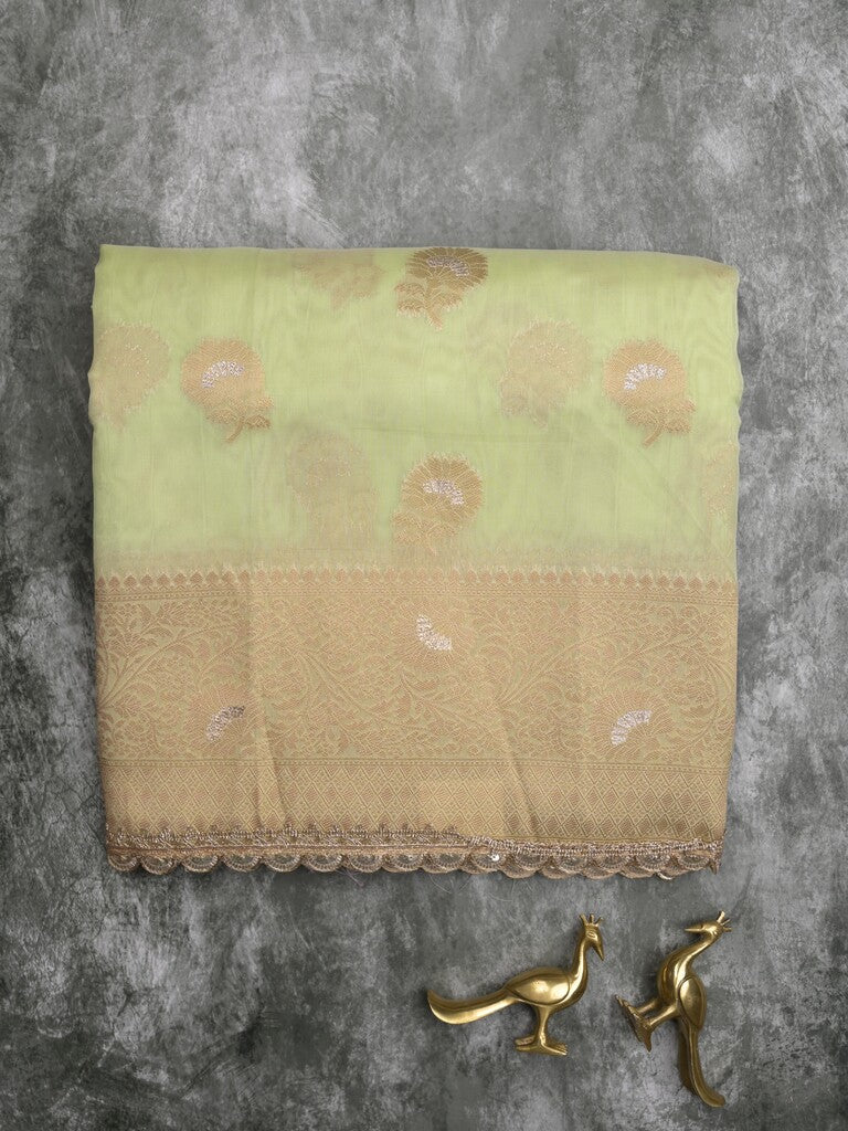 Chanderi kora fancy saree light pista green color allover zari motifs & zari embroidery border with zari pallu and plain blouse