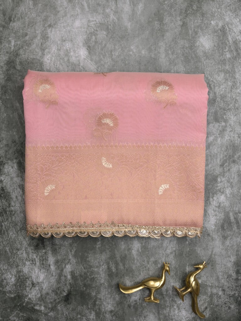 Chanderi kora fancy saree baby pink color allover zari motifs & zari embroidery border with zari pallu and plain blouse