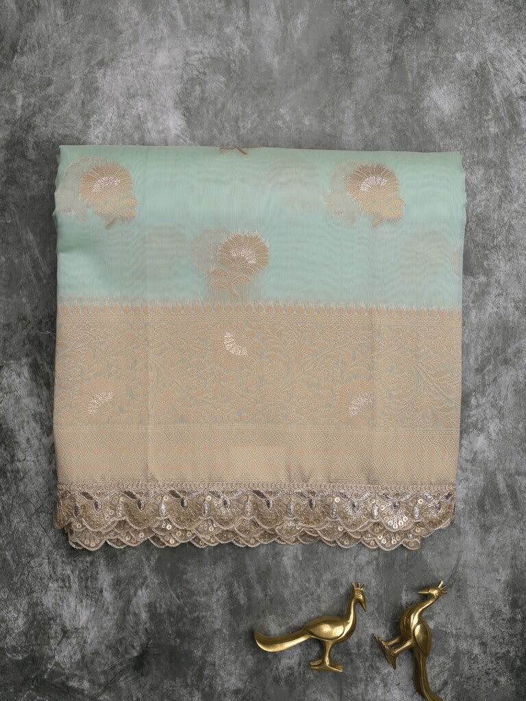Chanderi kora fancy saree pastel blue color allover zari motifs & zari embroidery border with zari pallu and plain blouse