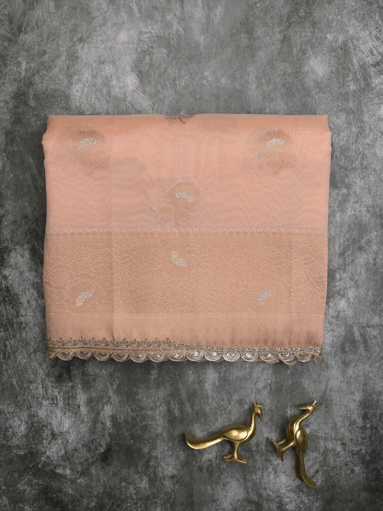 Chanderi kora fancy saree light peach color allover zari motifs & zari embroidery border with zari pallu and plain blouse
