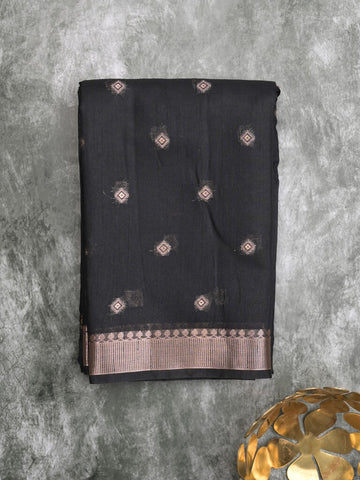 Chanderi fancy saree black color allover zari motifs & small zari border with zari pallu and plain blouse