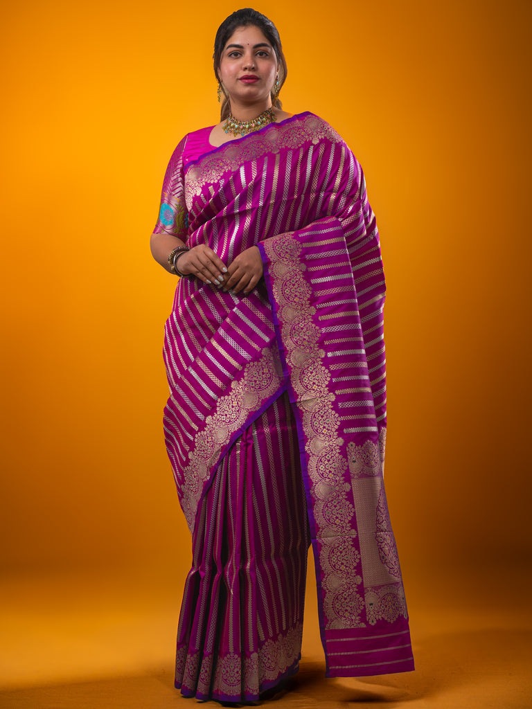Banaras fancy saree purple color allover zari weaves & zari border with rich pallu and plain blouse