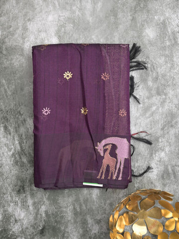 Jute fancy saree purple color allover embroidery motifs & small zari border with brocade pallu and brocade blouse