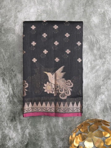 Chanderi fancy saree black color allover zari motifs & small zari border with zari pallu and brocade blouse