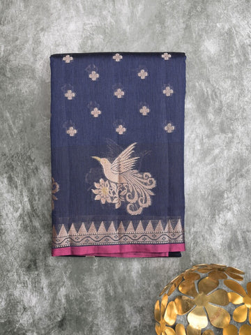 Chanderi fancy saree navy blue color allover zari motifs & small zari border with zari pallu and brocade blouse