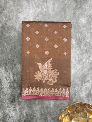Chanderi fancy saree brown color allover zari motifs & small zari border with zari pallu and brocade blouse