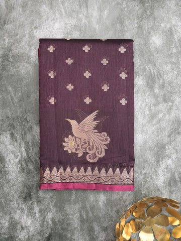 Chanderi fancy saree dark wine color allover zari motifs & small zari border with zari pallu and brocade blouse