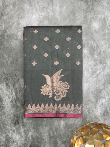 Chanderi fancy saree dark grey color allover zari motifs & small zari border with zari pallu and brocade blouse
