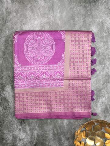 Dupion fancy saree purple color allover prints & zari border with rich pallu and attached plain blouse