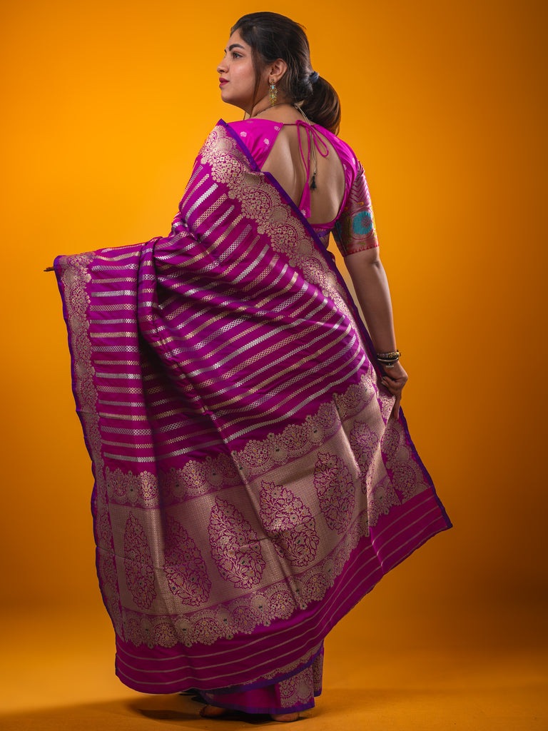 Banaras fancy saree purple color allover zari weaves & zari border with rich pallu and plain blouse