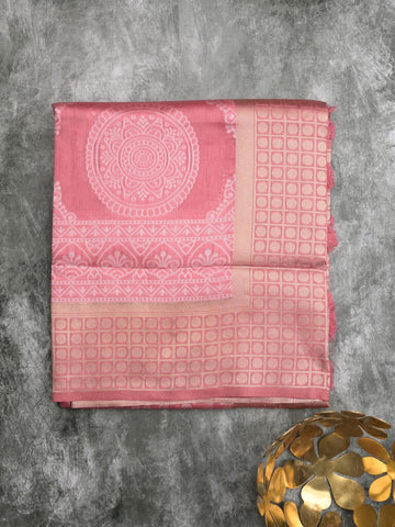 Dupion fancy saree light pink color allover prints & zari border with rich pallu and attached plain blouse