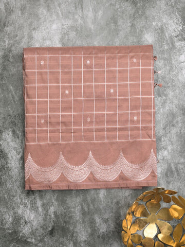 Banaras fancy saree peach color allover checks & zari border with short pallu and attached blouse