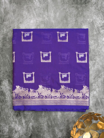 Raw mango fancy saree blue color allover zari weaves & zari border with zari border and attached blouse