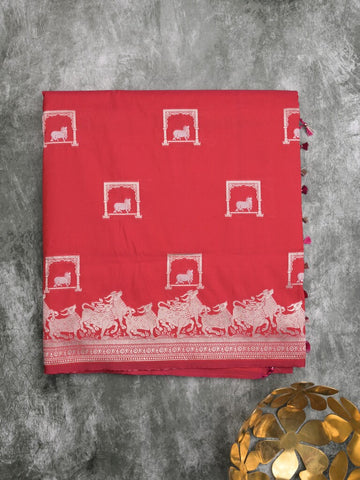 Raw mango fancy saree red color allover zari weaves & zari border with zari border and attached blouse
