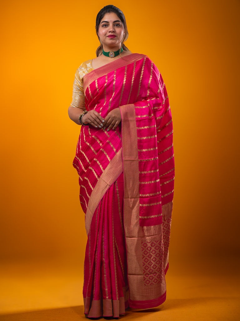 Crape fancy saree rose pink color allover zari weaves & zari border with zari pallu and plain blouse