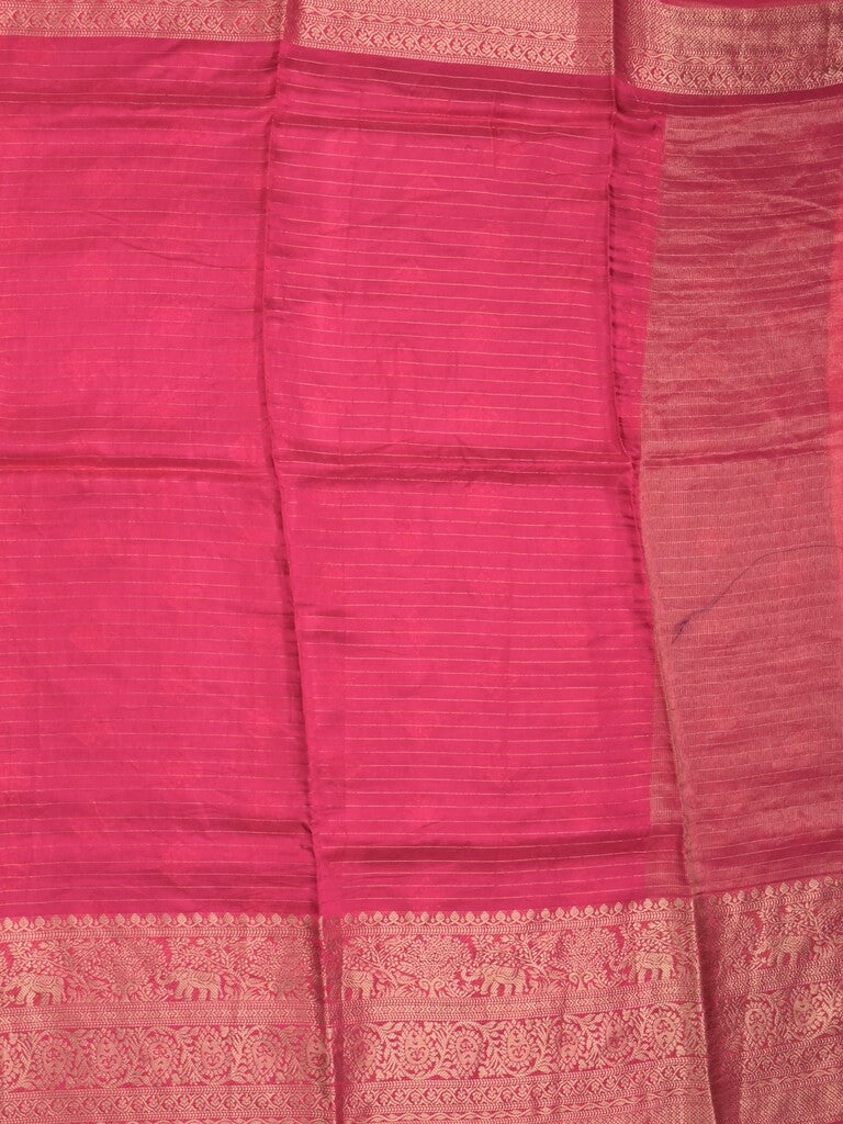 Dola silk fancy saree pink color allover stripes & zari border with short pallu and attached contrast blouse